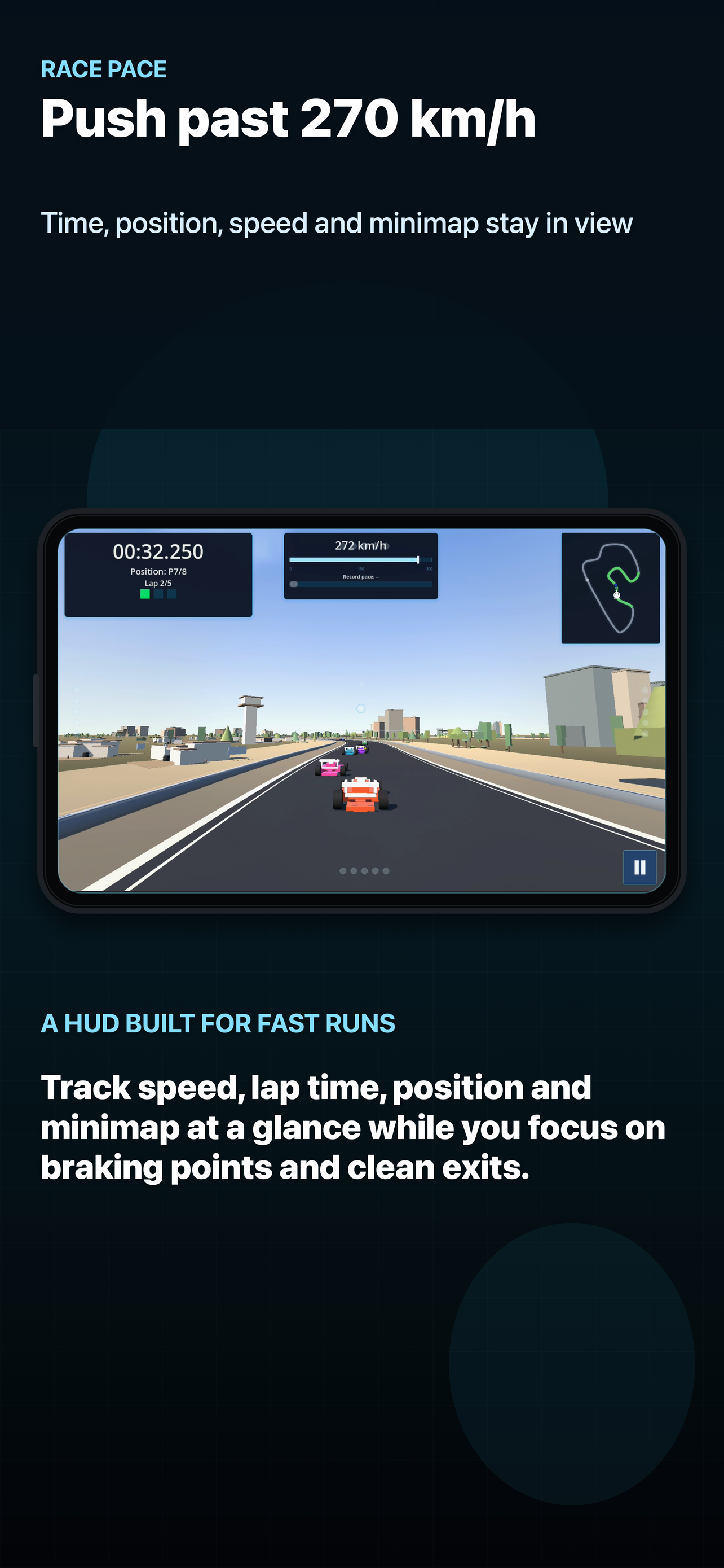 PolyCar Lab iPhone screenshot showing speed and lap HUD